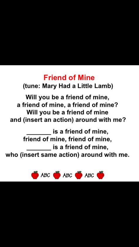 "Friend of Mine" song... Perfect for back to school or friendship units. Friendship Song Preschool, Friends Week Preschool, Friendship Fingerplays, Friendship Music And Movement Preschool, Friendship Songs Preschool, Teaching Friendship Preschool, Friendship Theme For Toddlers, Friendship Unit Preschool, Friendship Lesson Plans For Toddlers