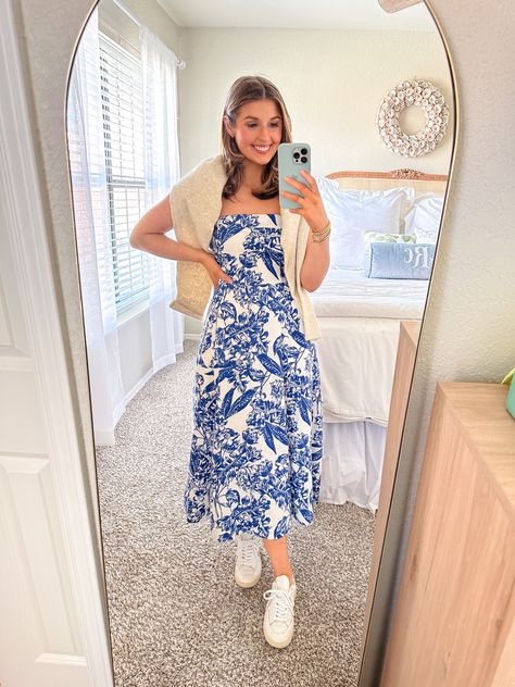 Short Cardigan, Blue And White Dress, Spring Dress, Spring Dresses, Red White And Blue, Strapless Dress, Cardigans, Short Dresses, Outfit Inspirations