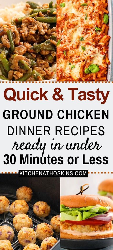 Discover easy ground chicken recipes for dinner that are quick, healthy, simple and great for kids or the entire family. If you have ever wondered what to make with one pound of ground chicken, then you will find ideas like air fryer meatballs, tacos, pasta and more for easy weeknight dinner solution. Get the best ground chicken dinner ideas at kitchenathoskins.com. Instant Pot Ground Chicken Recipes Easy, Ground Chicken High Protein Meals, Meal With Ground Chicken, Hot Honey Ground Chicken, What To Cook With Ground Chicken, Recipes For Ground Chicken Healthy, Ground Chicken Recipes Air Fryer, High Protein Low Fat Chicken Recipes, Ground Chicken Easy Recipes