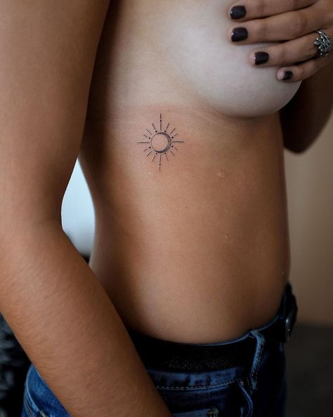 Minimalist Sun Tattoo, Mountain Range Tattoo, Fine Line Tattoo Ideas, Small Wave Tattoo, Le Tattoo, Line Tattoo Ideas, Minimalist Mountain, Ribcage Tattoo, Compass Tattoo Design