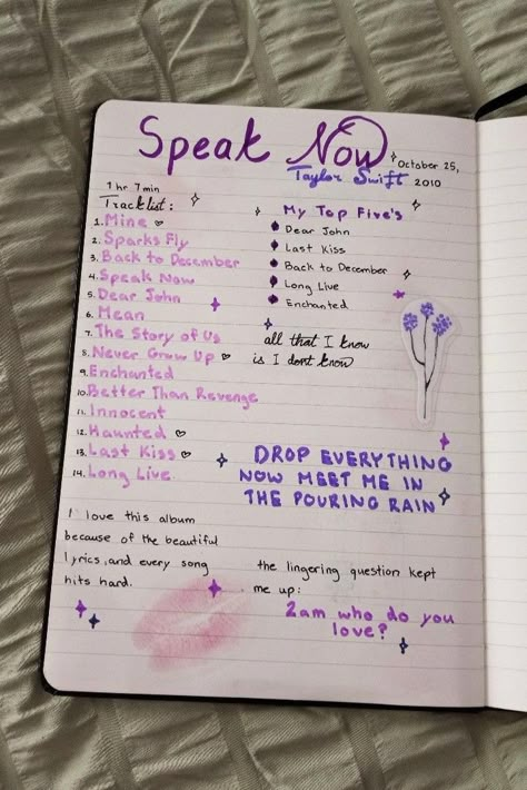 Speak Now Journal, Taylor Swift 2010, Taylor Swift Book, Taylor Swift Drawing, Taylor Swift Tattoo, Journal Inspiration Writing, Music Journal, Bullet Journal Mood Tracker Ideas, Taylor Swift Birthday