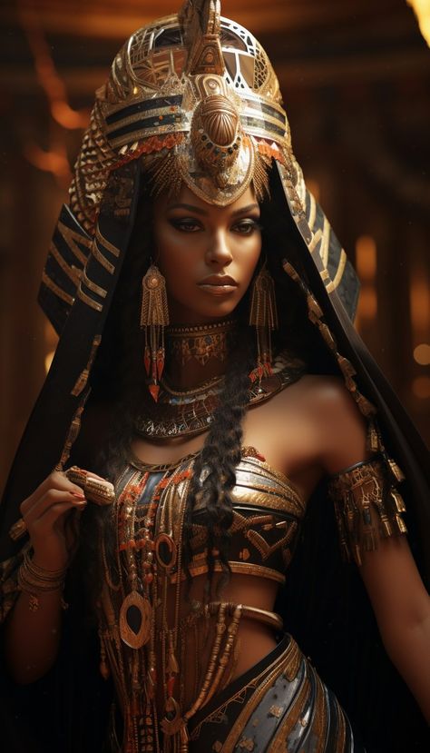 a dark skinned beautiful queen from an alien world with 4 arms is seductive in exaggerated Egyptian traditional style wedding attire --ar 4:7 Black Cleopatra, Egyptian Kings And Queens, Egyptian Goddess Art, Ancient Egypt Pharaohs, Egyptian Princess, 4 Arms, African Princess, Egyptian Women, Black Woman Artwork