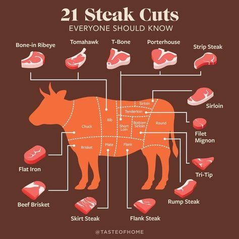 How to Cook the Most Common Type of Steak Cuts | Taste of Home Types Of Steak Cuts, Tenderizing Steak Marinade, Best Filet Mignon Recipe, Steak Cooking Chart, Different Cuts Of Steak, Quick Quiche, Best Grilled Steak, Strip Steak Recipe, Ribeye Roast