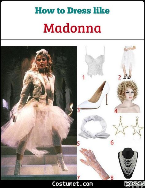 Iconic Madonna Outfits 80s, Outfits For Madonna Concert, Musical Icons Costume, Madonna Outfit Ideas, Madonna Like A Virgin Costume, Musicians Costumes Ideas, Famous Musicians Costumes, Madonna Iconic Looks, Like A Virgin Costume