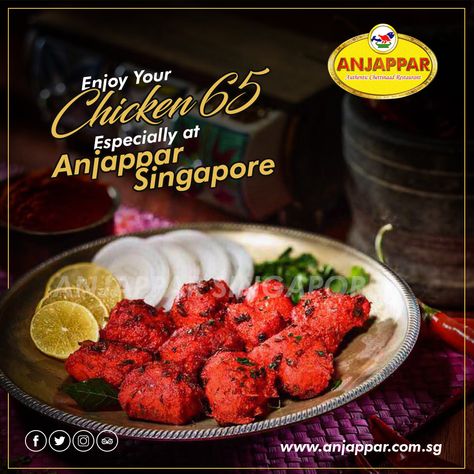 Taste the delicious Singapore special Chicken 65 from Anjappar Chettinad Restaurant. #anjapparsg #special #tasty #chicken65 #yummy #healthy #eeeat #foodeating #healthyfood #foodpic #photography #foodlover #enjoy #picoftheday #follow #like4like #nonveg #foodie 😋 Chicken 65, Design Layouts, Food Poster Design, Food Poster, Tandoori Chicken, Food Lover, Layout Design, Singapore, Poster Design