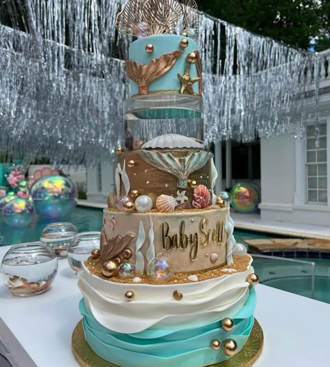 Ariel Sweet 16, Under The Sea Baby Shower Ideas, Mermaid Inspired Cake, Quinceanera Winter Wonderland, 18th Birthday Party Themes, Art For Walls, Ocean Cakes, Walls Art, Baby Shower Theme Decorations