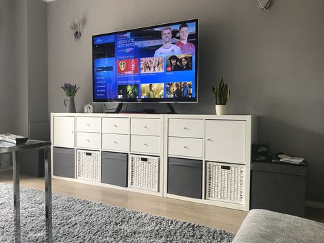 #ikea #kallax #upcycle #greyhome #livingroom #grey #budget #tvstand #decor #interior #design #cubes #cosy #tv Kallax Tv Stand Hack, Ikea Kallax Tv Stand, Ikea Kallax Tv, Tv Unit Ikea, Kallax Tv Stand, Diy Tv Unit, Tv Stand Ikea, Tv Stand Hack, Diy Tv Stand Ideas