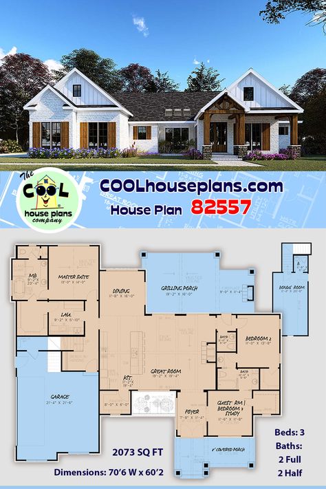 This farmhouse home plan is sure to please with over 2,000 sq ft of living space, 3 beds, 2.5 baths. The exterior of this traditional farmhouse has rustic styling to generate massive curb appeal. Inside, you will find a split layout that goes against the traditional farmhouse style house plan and incorporates the more modern element of an open floor plan. A huge walk-in closet in the master suite and the big pantry just off the kitchen! You can’t have a farmhouse without a covered front porch. Cool House Plans, Cool House, Unique House Plans, Farmhouse Floor Plans, Garage House Plans, Farmhouse Style House Plans, One Story Homes, Farmhouse House, 2 Car Garage