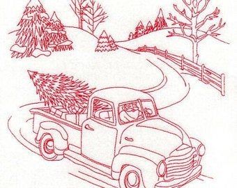 Retro Truck, Heavenly Angels, Redwork Patterns, Winter Christmas Scenes, Commercial Embroidery Machine, Embroidery Template, Redwork Embroidery, Embroidered Quilts, Vintage Quilt