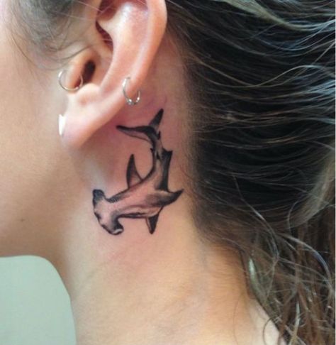 Ocean Ear Tattoo, Shark Behind Ear Tattoo, Great Hammerhead Shark Tattoo, Small Shark Tattoo For Women, Hammer Shark Tattoo, Hammer Head Tattoo, Hammer Head Shark Tattoos, Hammerhead Tattoo, Inked Magazine Tattoos