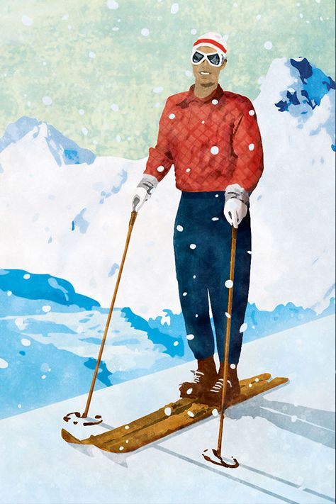 Illustration / Zeichnung - Skifahrer beim Wintersport in den Alpen - Retro/Vintage Style - Illustration: Cornelius Schödl, München Skiing In The Alps, Alps Skiing, Winter Drawings, Retro Ski, Illustration Painting, The Alps, Retro Vintage Style, Old Skool, Illustration Design