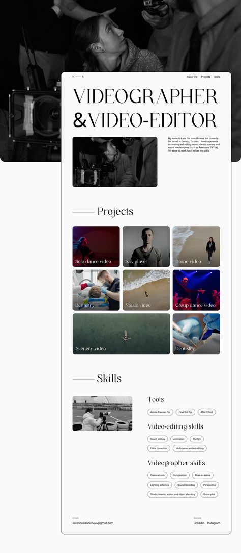 Portfolio Website Design Photography, Video Editor Website, Creative Director Website Design, Portfolio For Photographers, Film Student Portfolio, Website Layout Portfolio, Videography Website Design, Video Portfolio Design, Film Portfolio Layout