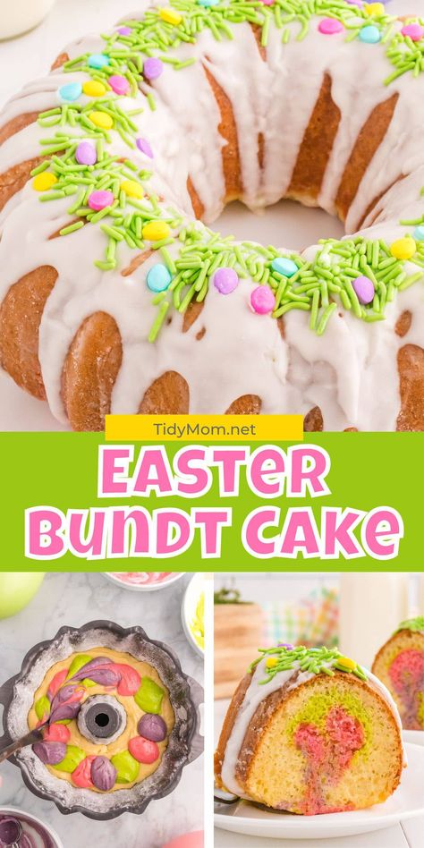 Spring Bundt Cake, Bundt Cake Decorations, Swirl Bundt Cake, Bundt Cake Glaze, Easter Bundt Cake, Bundt Cake Recipes, Recipe Printable, Color Cake, Bundt Cake Recipe