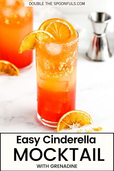 If you're in need of a new mocktail idea, this Cinderella mocktail is full of vitamin C, has the most refreshing mix of citrus juices, and is the perfect balance of zesty and sweet.  While it's definitely a delicious and refreshing drink for those hot summer days, it's also ideal during the winter months to let those in-season citrus fruits shine! Cinderella Mocktail, Grenadine Syrup, Citrus Drinks, Craft Cocktail Recipe, Fresh Orange Juice, Homemade Cocktails, Fresh Fruit Juice, Lemon Drink, Craft Cocktail