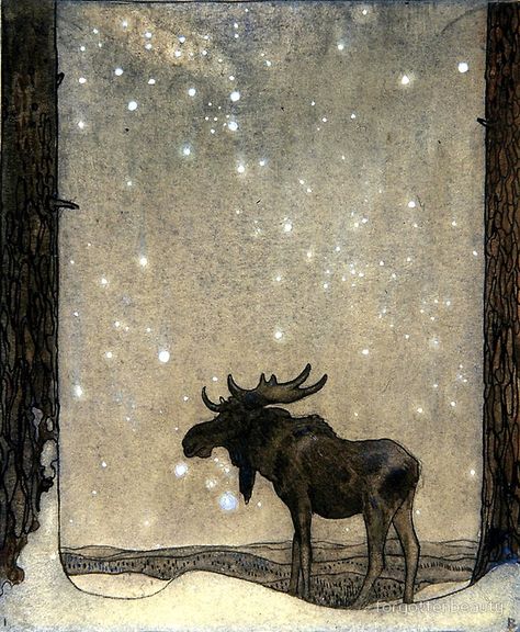 John Bauer, Hur Man Målar, Fairytale Art, Winter Art, Art And Illustration, Mini Canvas Art, The Snow, In The Middle, Moose