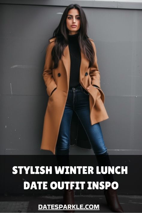 Woman in a tan coat and jeans standing against a gray wall, showcasing winter lunch date fashion. Winter Semi Casual Outfit Women, Classy Lunch Outfit, Winter Date Outfits For Women, Winter Restaurant Outfit, Cold Weather Date Night Outfit Classy, Winter Day Date Outfit, Lunch Date Outfit Winter, Winter Coffee Date Outfit, Winter Lunch Date Outfit