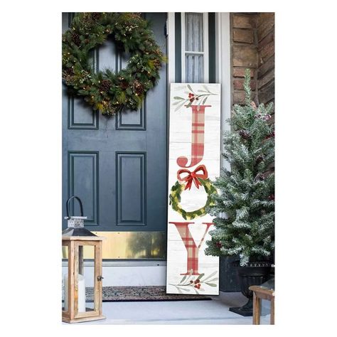 Welcome / JOY With Christmas Wreath Holiday Porch Leaner Sign - Etsy Porch Leaner Sign, Silver Bells Christmas, Wall Entryway, Snow Decorations, Christmas Front Porch, Christmas Porch Decor, Holiday Signs, Porch Sign, Christmas Porch