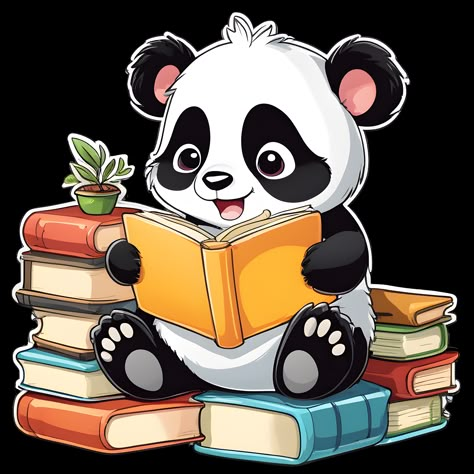 Cute and happy little panda sitting down, reading and enjoying a stack of books. He’s the perfect companion for your reading sessions, and he’ll inspire you to read more! Available as Stickers & More! Panda Classroom Decorations, Cute Drawings Panda, Cartoon Reading Book, Panda Reading Book, Cartoons Reading Books, Panda For Kids, Logo Panda, Panda Sitting, Animal Reading