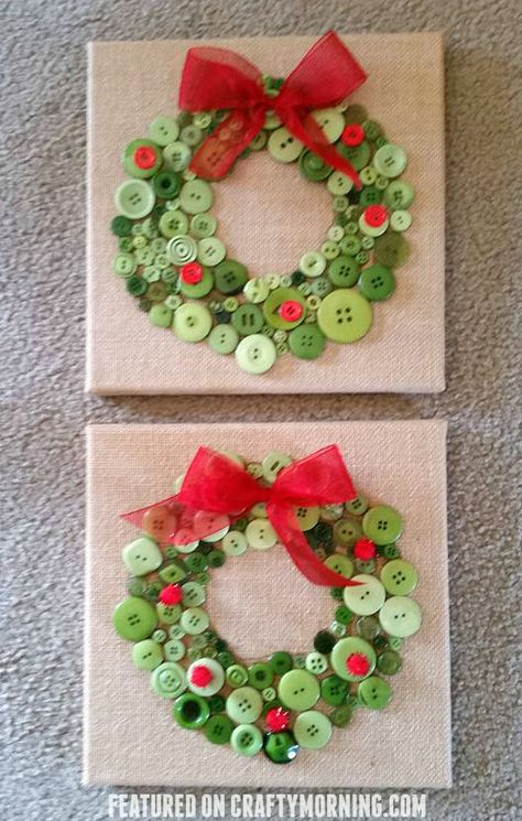 Button christmas wreath crafts for kids to make on a canvas for gifts! Buttons And Bows, Christmas Wreath Craft, Christmas Decorations Diy Crafts, Christmas Crafts To Sell, Christmas Crafts For Adults, Christmas Buttons, Fun Christmas Crafts, Noel Christmas, Button Crafts