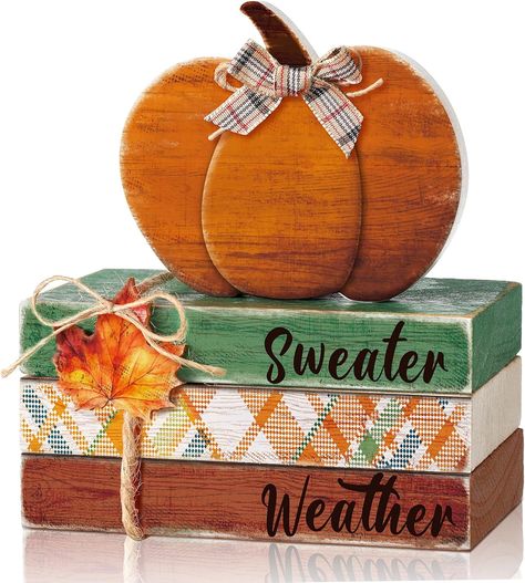 This stacked pumpkins decor offers an intricate Autumn tray decoration set comprising of 3 wooden decorative books bound together with a hemp rope, 1 wood pumpkin sign and 1 maple leaf decoration; You can tie the book decorations or scatter them around to create a diverse appeal #ad #affiliate Book Decorations, Pumpkins Decor, Tray Decoration, Fall Tiered Tray Decor, Wood Centerpieces, Leaf Decoration, Wooden Pumpkins, Wood Pumpkins, Counter Decor