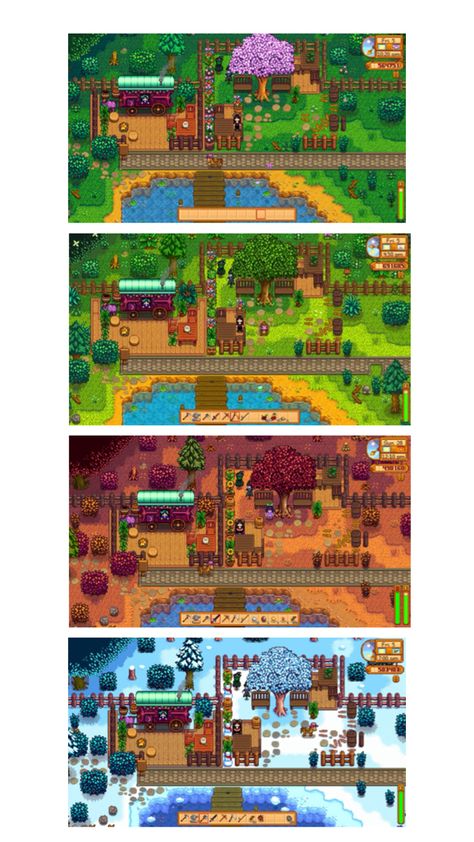 Merchants stop through the seasons🤍 Stardew Valley Layout, Stardew Valley, The Seasons