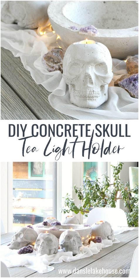 DIY Concrete Skull Candle Holder Tutorial for Halloween Tablescape Concrete Halloween Decorations, Diy Concrete Decor Ideas, Skull Diy Crafts, Diy Skull Decor, Concrete Skulls, Minimal Halloween Decor, Halloween Easy Diy, Diy Skull Candle Holder, Samhain Ideas