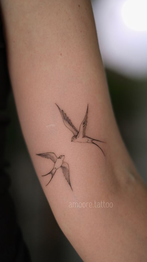 Woman’s Tatoos, Flying Swallow Tattoo, Twin Bird Tattoo, Two Bird Tattoos For Women, Bird Sun Tattoo, Small Bird Tattoos For Women Arm, Wings Fine Line Tattoo, Fine Line Swallow Tattoo, Swift Bird Tattoo