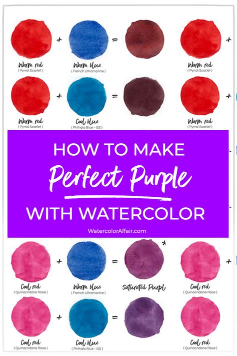 Purple is a tricky color to mix in watercolor - this tutorial shows how to make great purples with your paints ! How To Make Pink Watercolor, How To Make Violet Color Paint, How To Make Purple Colour, Mixing Watercolors, The Color Violet, How To Make Purple, Color Mixing Chart, Colour Mixing, Watercolor Mixing