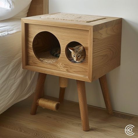 The Cat Scratching Post Bedside Table combines functionality and style. Featuring a built-in scratching post inside the table, it offers a discreet and durable solution for your cat’s scratching needs. The tabletop is perfect for holding a lamp, books, or other essentials, seamlessly fitting into any bedroom decor while keeping your cat entertained and your furniture protected. Conceptual AI Art Follow @ecosapiens for more! Pet Items, Mobile Tv, Cat Scratching Post, Scratching Post, Cat Scratching, Cat Furniture, Pet Furniture, Wood Design, The Table