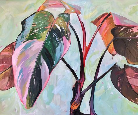 Acrylic Painting Botanical, Abstract Plant Painting Acrylic, Tropical Plants Painting, Green Plant Painting Acrylic, Tropical Plants Painting Acrylic, Pink Princess Philodendron Painting, Tropical Painting, Gouache Art, Plant Painting