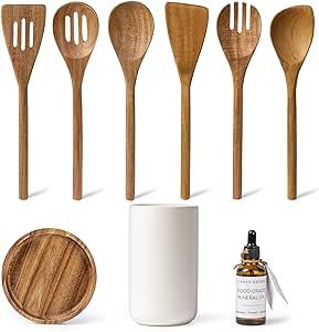 Japandi Kitchen Design, Wooden Cooking Utensils Set, Wooden Utensils Set, Ceramic Holder, Wooden Cooking Utensils, Silicone Cooking Utensils, Wooden Kitchen Utensils, Slotted Spoon, Utensils Set