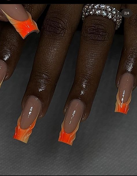 Boujee Nails Designs Long Square, Square 3d Nails, Medium Square Acrylic Nails Spring, Textured French Tip Nails, Short Orange Acrylic Nails, Orange Square Nails, Boujee Nails Designs, Beginner Nails, Miami Fits