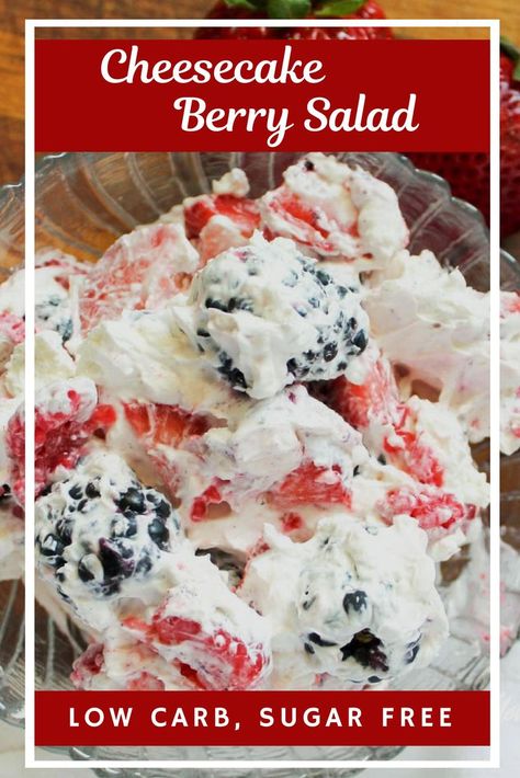 Cheesecake Berry Salad is one of the most delicious low carb salads you can make. Filled with fresh berries and cream cheese, this stellar low carb carb dish can double as a salad or as a sugar free dessert! #cheesecakeberrysalad #lowcarb Sugar Free Jello Salad Recipes, Keto Berry Salad, Desserts Diabetics Can Eat, Diabetics Desserts Recipes, Berry Cream Cheese Dessert, Sugar Free Fruit Desserts, Sugar Free Desserts For Diabetics Low Carb, Sugar Free Cheesecake Jello Recipes, Sugar Free Jello Cheesecake Recipes