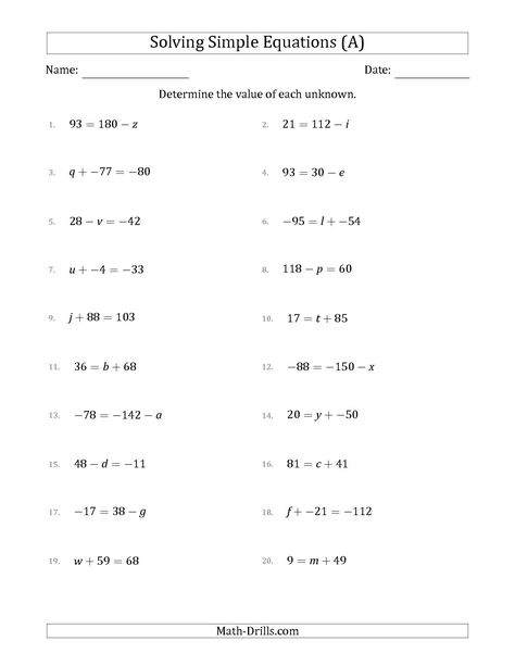 The Solving Simple Linear Equations with Unknown Values Between -99 and 99 and Variables on the Left or Right Side (A) Algebra Equations Worksheets, Solving Algebraic Equations, Equations Worksheets, Pre Algebra Worksheets, Literal Equations, Solving Inequalities, Handwriting Worksheet, Simultaneous Equations, Writing Linear Equations