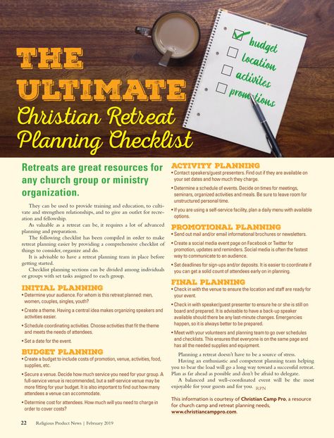 RPN February 2019 The Ultimate Christian Retreat Planning Checklist Retreat Planning Checklist, Retreat Planning, Christian Retreat, Christian Camp, Central Idea, Church Group, Church Ministry, Women's Ministry, Planning Checklist