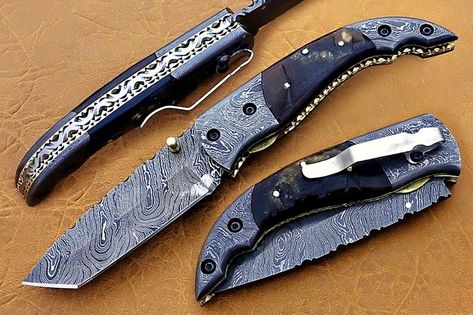 Custom Handmade Damascus Steel Folding Pocket Knife Tanto | Etsy Tanto Blade, Ram Horns, Dagger Knife, Damascus Blade, Folding Pocket Knife, Pocket Clip, Folding Knife, Stitching Leather, Leather Sheath