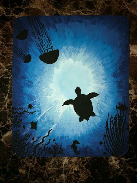 Aesthetic Sea Drawing, Ocean Parking Spot Painting, Painting Ideas On Canvas Nature, Ocean Painting Easy, Turtle Painting Acrylic, Ocean Silhouette, Ocean Canvas Painting, Animal Art Ideas, Weather Art