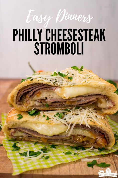 Philly Cheesesteak Stromboli is really similar to a steak and cheese calzone but it's even easier to make! It has layers of deli roast beef, peppers, onions, and sauce all rolled up in pizza dough! I used a loaf frozen Rhodes bread! It's everything you love about Philly Cheese Steak Sandwiches in a fun new way! #Rhodes #phillycheesesteak #deliroastbeef #bakedsandwiches #littledairyontherprairie Steak Stromboli, Leftover Ribeye, Cheesesteak Stromboli, Savory Sandwiches, Cheese Calzone, Stromboli Recipe Easy, Cheesesteak Sandwiches, Steak And Cheese, Cheesesteak Sandwich