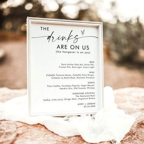 This beautiful Open Bar Sign features a beautifully modern minimalist elegance to display at your wedding or special event. Easily edit most wording to match your style. Text and background colors are fully editable —> click the "Edit Using Design Tool" button to edit! Wedding Open Bar, Funny Wedding Signs, Open Bar Sign, Future Wedding Plans, Open Bar, Modern Bar, Bar Sign, Wedding Bar, Signature Cocktail