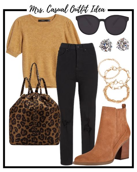 A Week’s Worth of MrsCasual Outfit Ideas Gold Sweater Outfit, Short Sleeve Sweater Outfit, Camel Sweater, Outfit Botas, Leopard Bag, Gold Sweater, Causal Outfits, Tan Top, Sweater Tunic