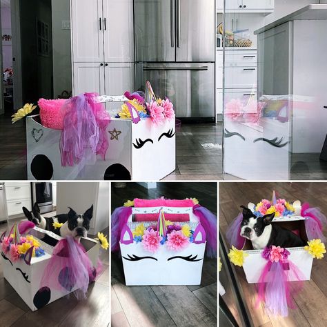 Unicorn Box Car, Unicorn Cardboard Box Car, Diy Box Cars For Kids, Kindy 500 Cars Cardboard Boxes, Box Car Ideas, Transportation Parade, Kindy 500, Kids Parade Floats, Fiesta Float