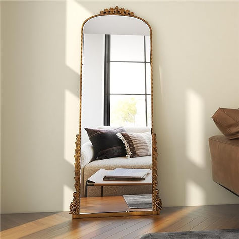 Elegant Old-World Design: The classic black mirror features an ornate, baroque-inspired frame, adding a touch of traditional charm to your wall decor. Its vintage-inspired look effortlessly complements various interior styles, particularly light and warm color schemes. Versatile Room Decor: The arched mirror is perfectly sized for hanging on the living room wall or entryway console. Antique Full Length Mirror, Antique Floor Mirror, Arched Floor Mirror, Full Length Mirror Stand, Baroque Mirror, Full Length Floor Mirror, Baroque Decor, Gold Mirror Wall, Ornate Mirror