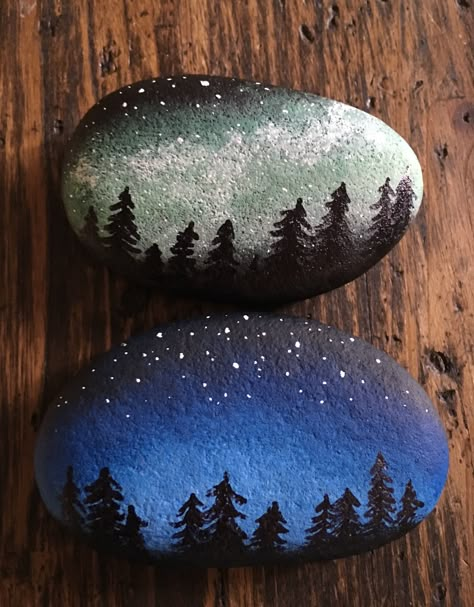 My Forest at night rocks are fairly easy to do. I also love changing up the sky. Diy Rock Art, Painted Rock Animals, Stone Art Painting, Deco Nature, Painted Rocks Craft, Painted Rocks Diy, Rock Painting Ideas Easy, Rock Painting Patterns, Galaxy Painting