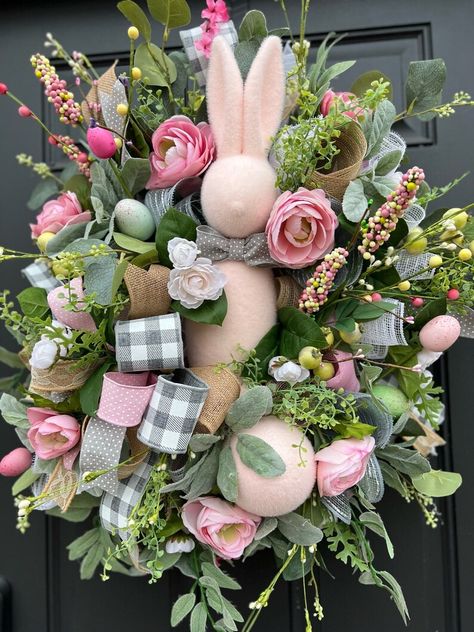 Flocked Bunny Wreath, Easter Decorations Wreaths & Garlands, Easter Wreath Ideas, Pink Easter Decor, Front Door Modern, Bunny Wreaths, Easter Wreath Craft, Farmhouse Luxury, Christian Wreath