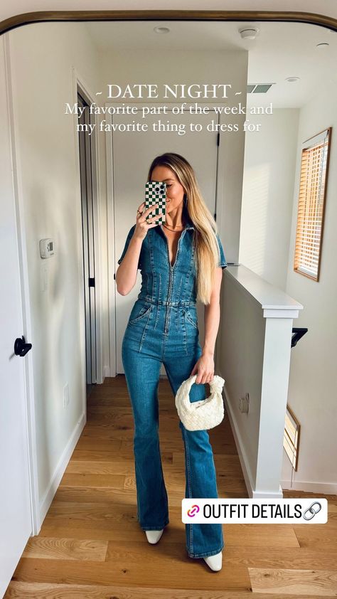 DATE NIGHT OUTFIT! My favorite part of the week is date night with my husband. Here are my outfit details! #jumpsuit #denimjumpsuit #datenightoutfit #elevatedcasual #datenightoutfitinspiration #Regram via @olivia.adriance How To Style Denim Jumpsuit, Casual Dark Wash Denim Jumpsuit For Night Out, Spring High-rise Denim Jumpsuit For Night Out, Style Denim Jumpsuit, Casual Fitted Denim Jumpsuit With V-neck, Casual High Rise Denim Jumpsuit, Cheap, Trendy Blue V-neck Denim Jumpsuit, Denim Jumpsuit Outfit, Flare Jumpsuit