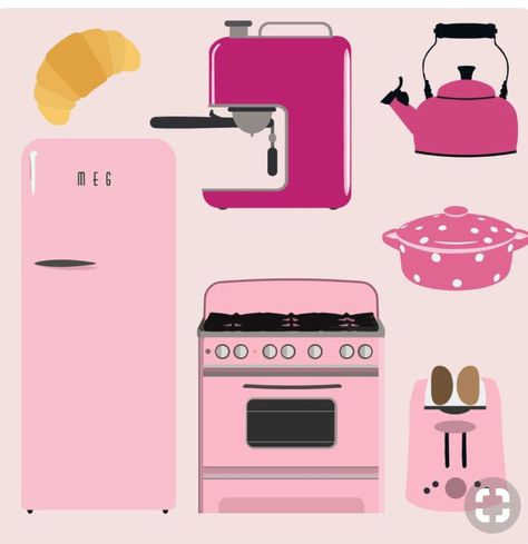 Paper Doll House Kitchen, Pink Retro Kitchen, Doll House Kitchen, Paper Doll House, Furniture Free, Pink Retro, Dollhouse Kitchen, Cute Doodle Art, House Kitchen