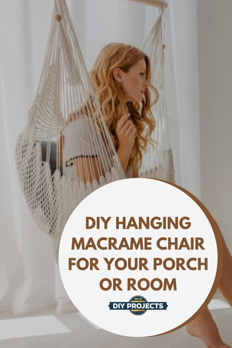 Hanging out on a macrame chair or a macrame swing at your home is a great way to unwind in style. While it may be a little intimidating to create one from scratch, that’s actually not the case as long as you have clear instructions and guides. Check out the full how-to by clicking the pin! Diy Macrame Hammock Chair, Free Macrame Hanging Chair Patterns, Macrame Hanging Chair Tutorial, Macrame Hanging Chair Diy, Diy Macrame Chair, Macrame Diy Patterns, Macrame Hammock Chair Pattern, Room Diy Projects, Hanging Macrame Chair