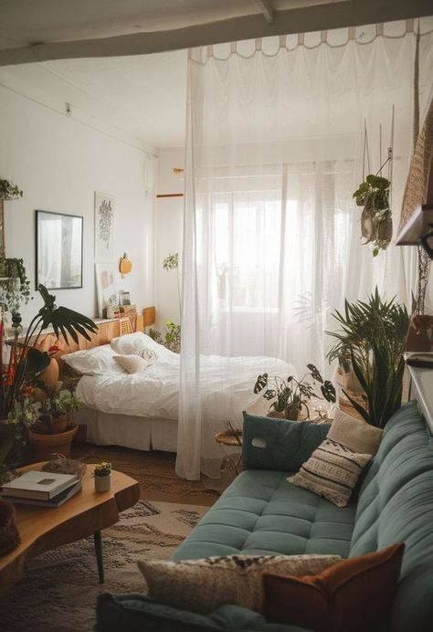 Small Square Studio Apartment Layout, Bright Studio Apartment, Small Living Space Ideas Studio Apt, Studio Apartment Wallpaper, Student Apartment Ideas Small Spaces, Long Apartment Layout Interior Design, Living Room With Bed Ideas, Studio Apartment Interior Design Ideas, Studio House Layout