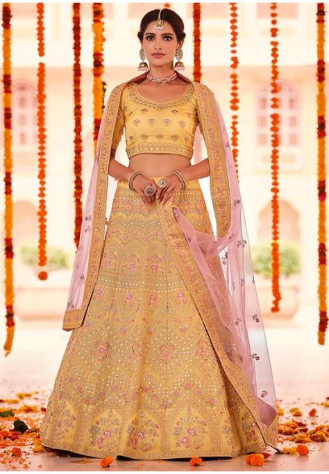 Yellow Organza Bridal Lehenga Choli Yellow Ghagra, Lehenga Yellow, A Line Lehenga, Indian Lengha, Satin Lehenga, Organza Bridal, Lehenga Choli Wedding, Organza Lehenga, Yellow Lehenga