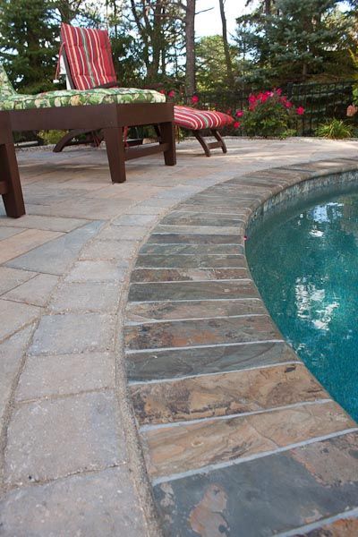 Bullnose Coping for Inground Pools | Stone Bullnose Coping Paver Pool Coping, Pool Decks For Inground Pools, Pool Edging Ideas, Inground Pool Coping, Stone Pool Coping, Pool Makeover, Inground Pool Designs, Pool Decking, Pool Pavers